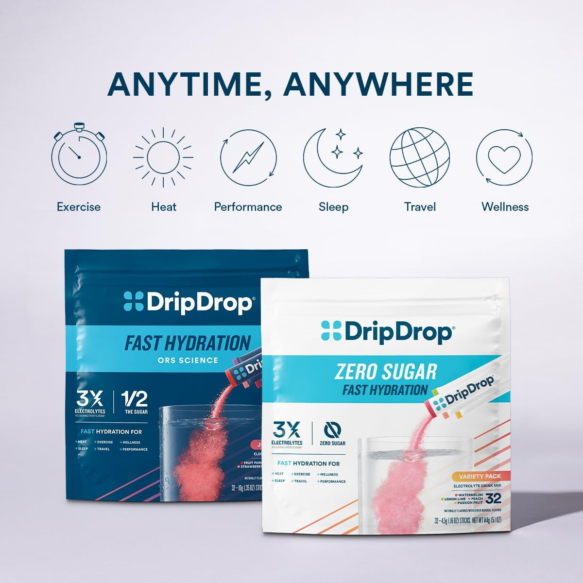 DripDrop Zero Sugar Strawberry Lemonade Electrolyte Powder, 8 oz sticks, 32 count