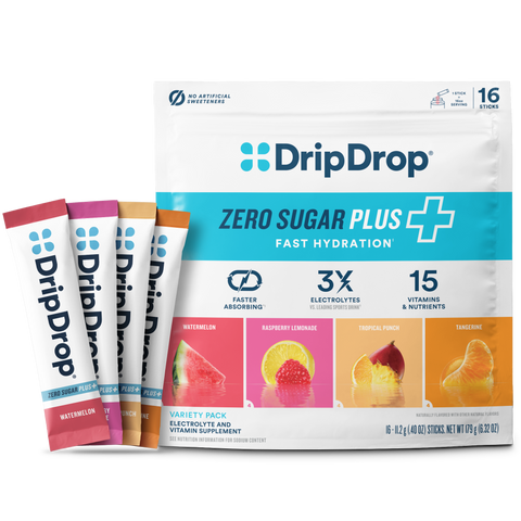 DripDrop Zero Sugar Plus, Watermelon, Tangerine, Tropical Punch, Raspberry Lemonade, 16 oz sticks, 16 count